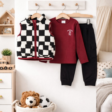 Boys Borg Printed Gillet, Top, Jog Pants Outfit 2-4 Years