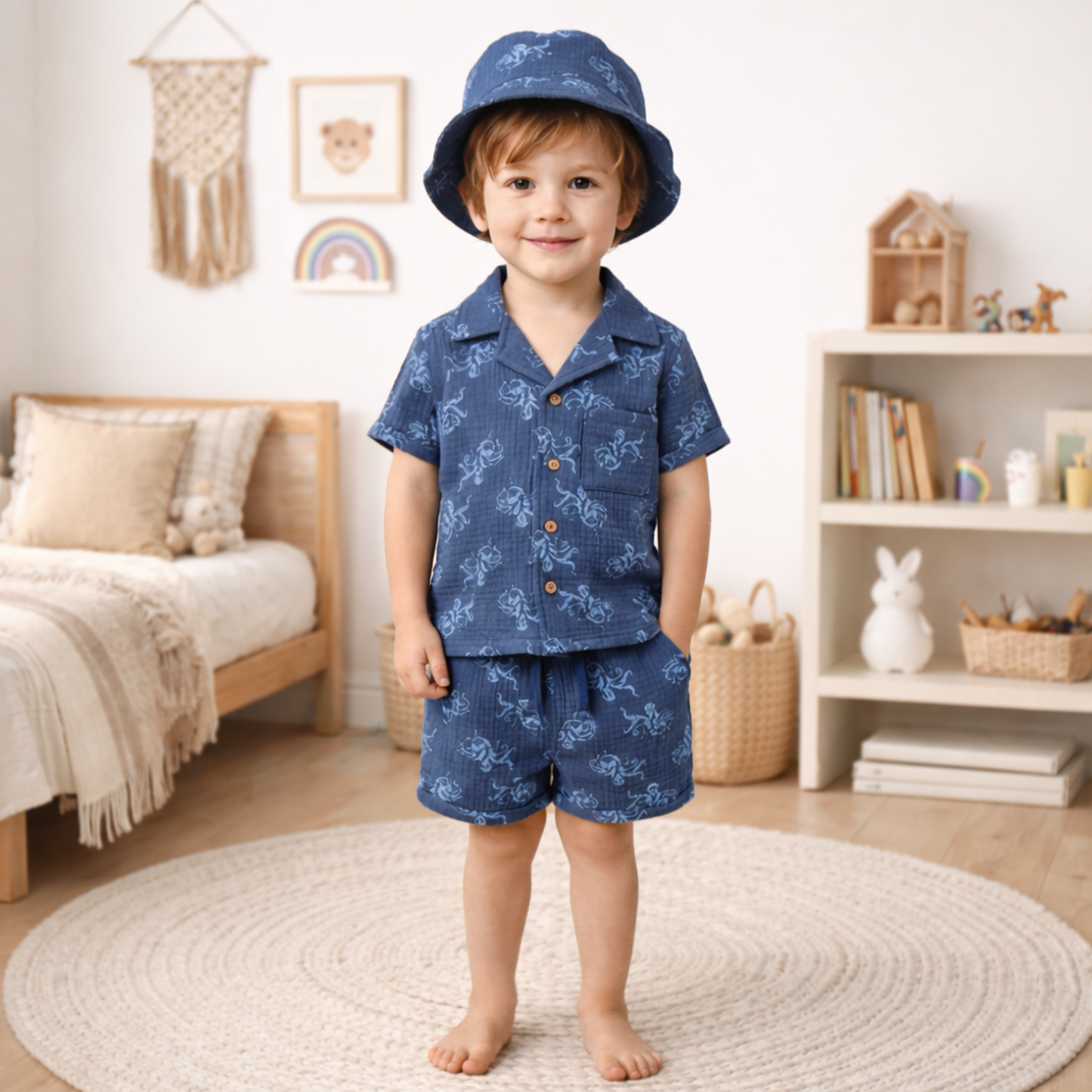 Boys Cotton Shirt, Shorts & Hat Set 2-4 Years