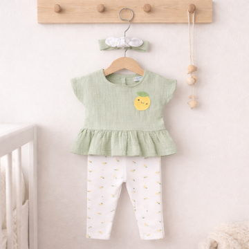 Baby Girls Lemon Crochet Applique Top, Leggings & Headband Outfit 9-18 Months