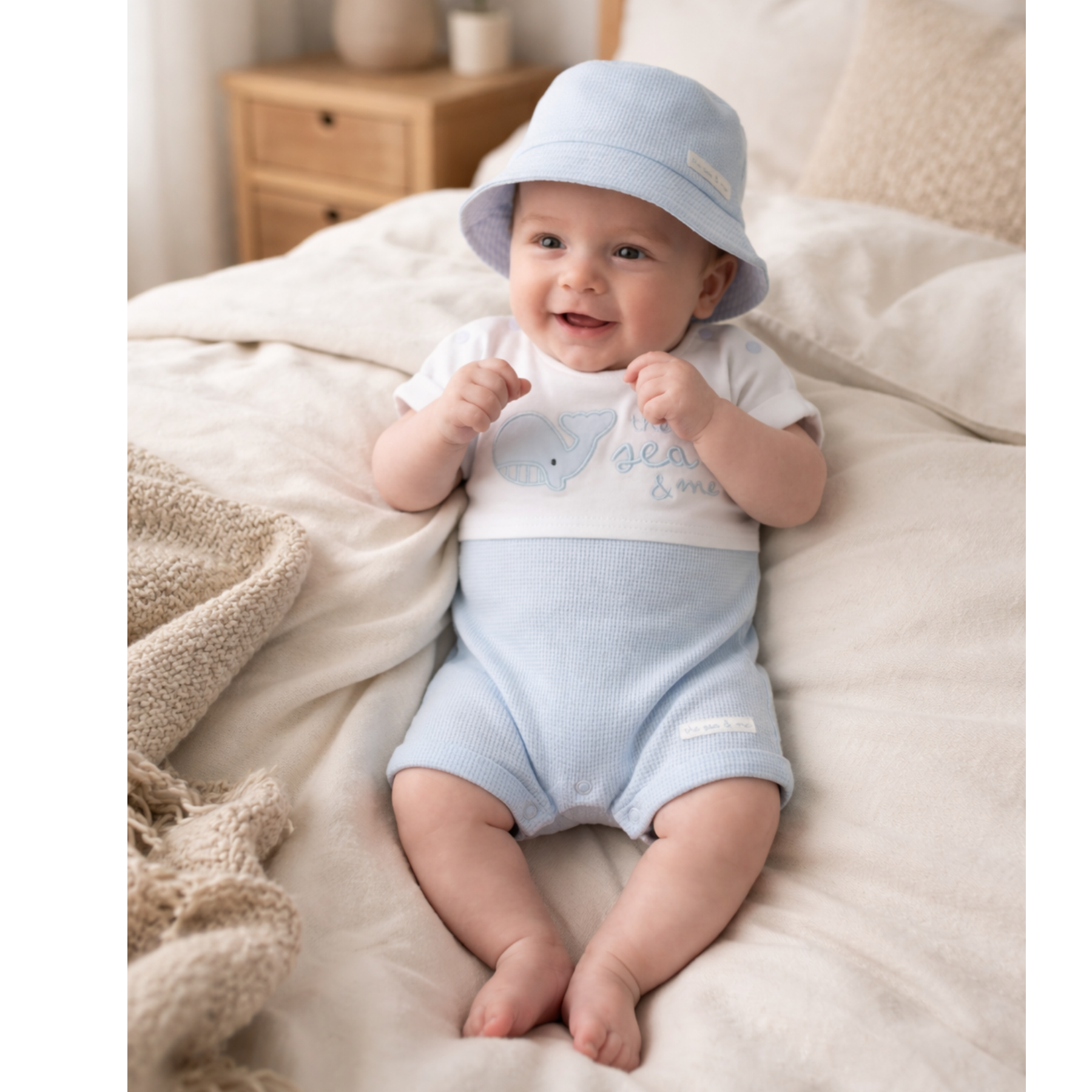 Baby Boy Waffle Fabric Romper & Reversible Hat Set 0-9 Months