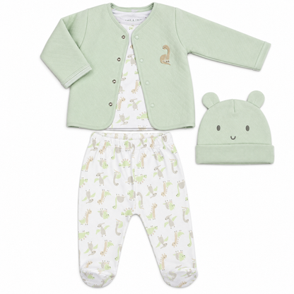 Bubbachubs Baby Mint Dinosaur Quilted Jacket, Top, Trousers & Hat Gift Set 0-6 Months