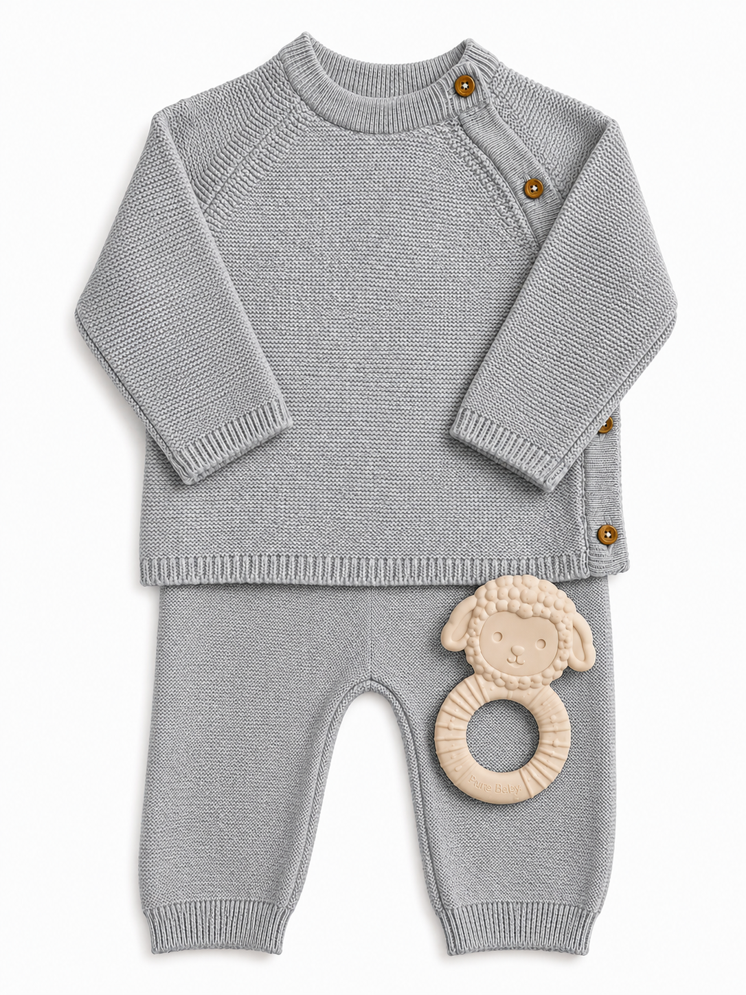 Bubbachubs Baby Grey Knitted Sweater & Leggings Gift Set with Silicone Teether – 3–6 Months