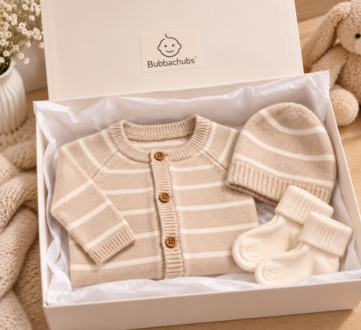 Bubbachubs Baby Knitted All In One, Hat And Sock Gift Set 0-3 Months