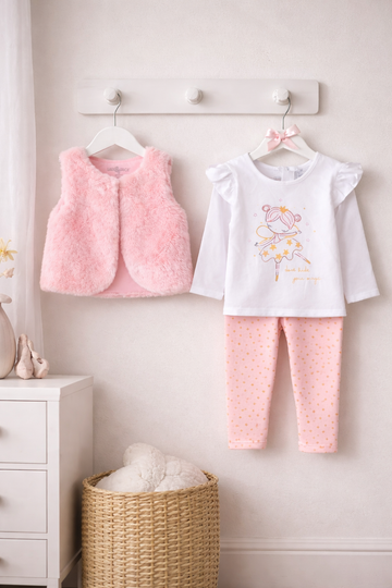 Girls Faux Fur Gilet, Top & Leggings Outfit 2-5 Years