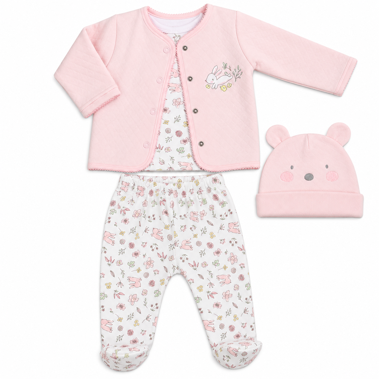 Bubbachubs Baby Pink Floral Bunny Quilted Jacket, Top, Trousers & Hat Gift Set 0-6 Months