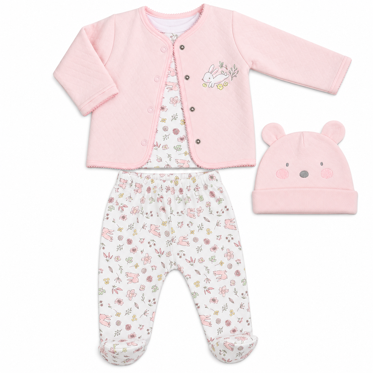 Bubbachubs Baby Pink Floral Bunny Quilted Jacket, Top, Trousers & Hat Gift Set 0-6 Months