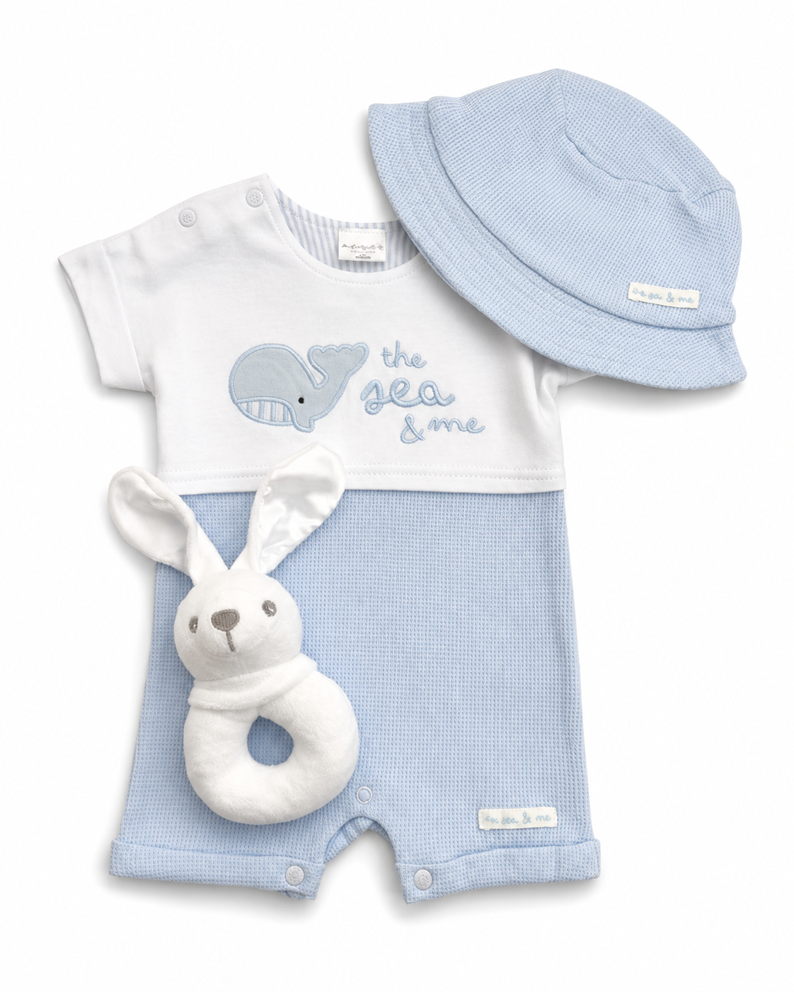 Bubbachubs Baby Boy Whale Outfit & Bunny Rattle Gift Set