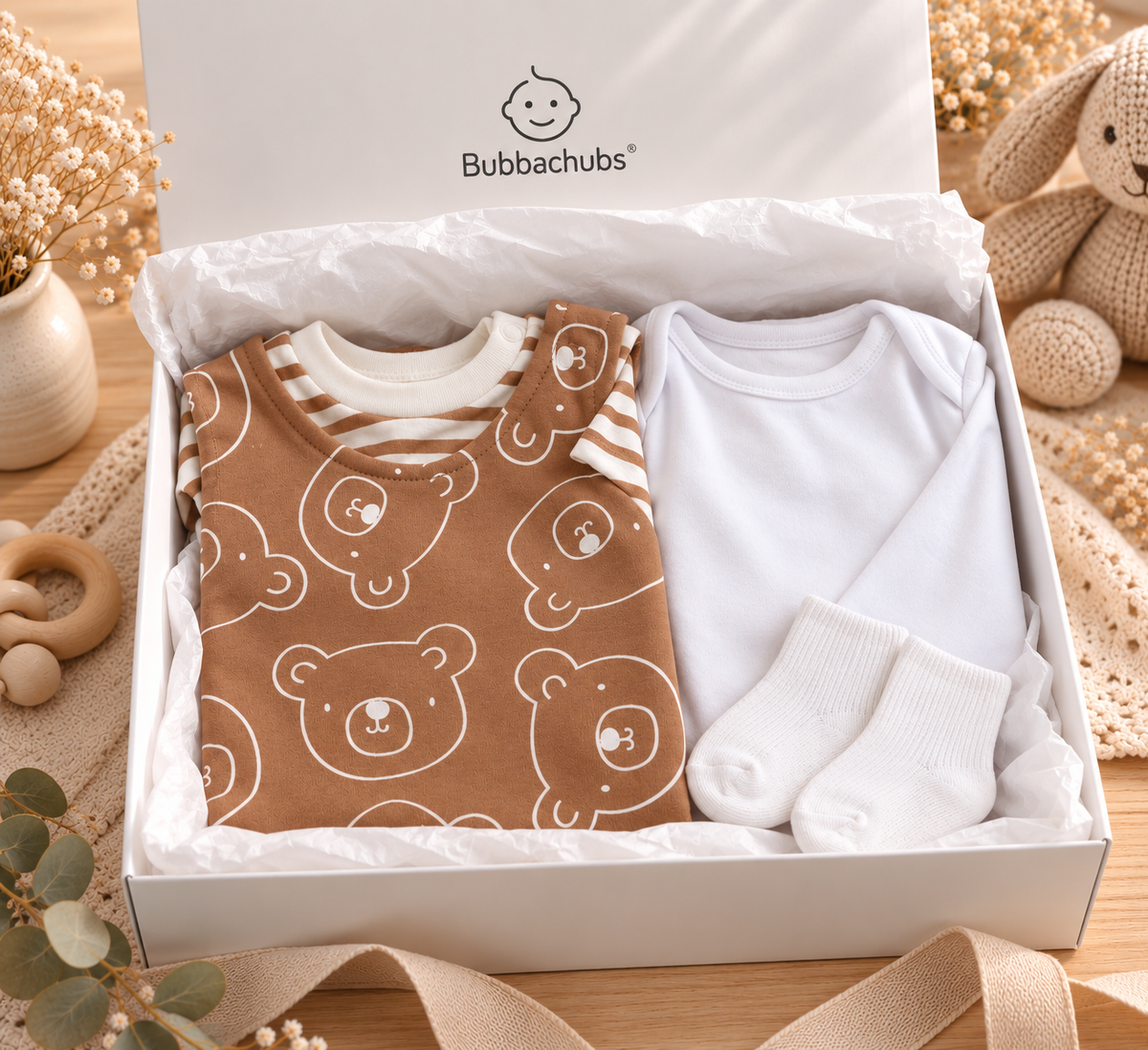 Bubbachubs Baby Dungarees, Top, Long Sleeve Bodysuit And Sock Gift Set 0-3 Months
