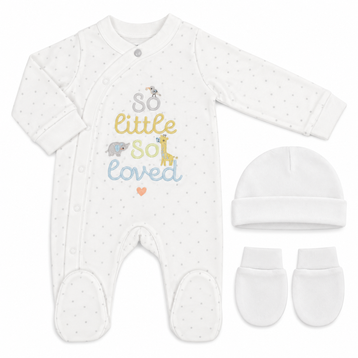 Bubbachubs Baby "So Little, So Loved" Cotton Sleepsuit, Hat And Mittens Gift Set (NB-3 Months)