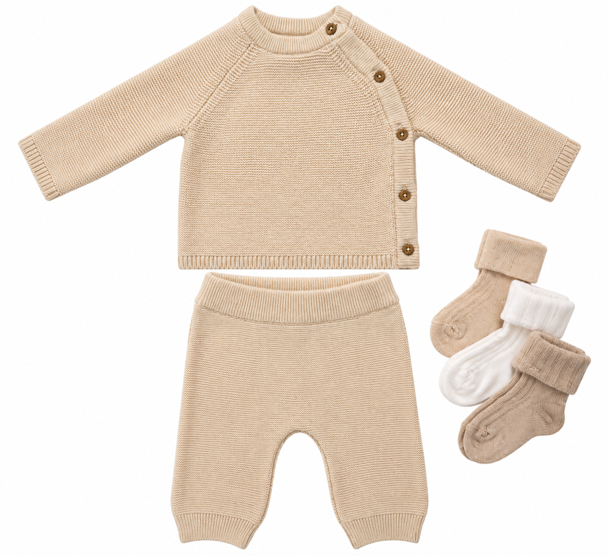 Bubbachubs Baby Beige Knitted Outfit And Sock Gift Set 0-3 Months