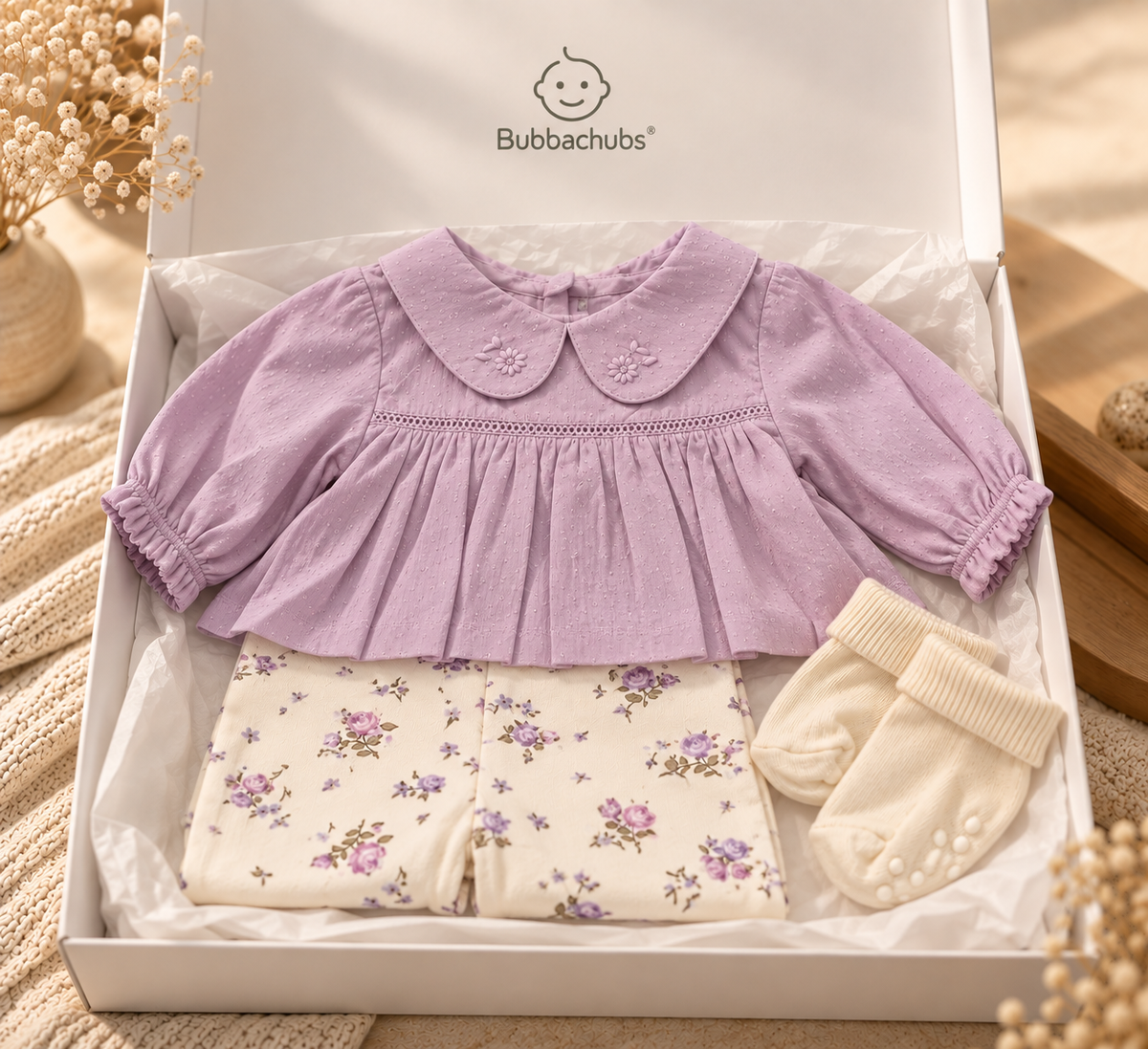 Baby Girls Cotton Top, Leggings And Sock Gift Set