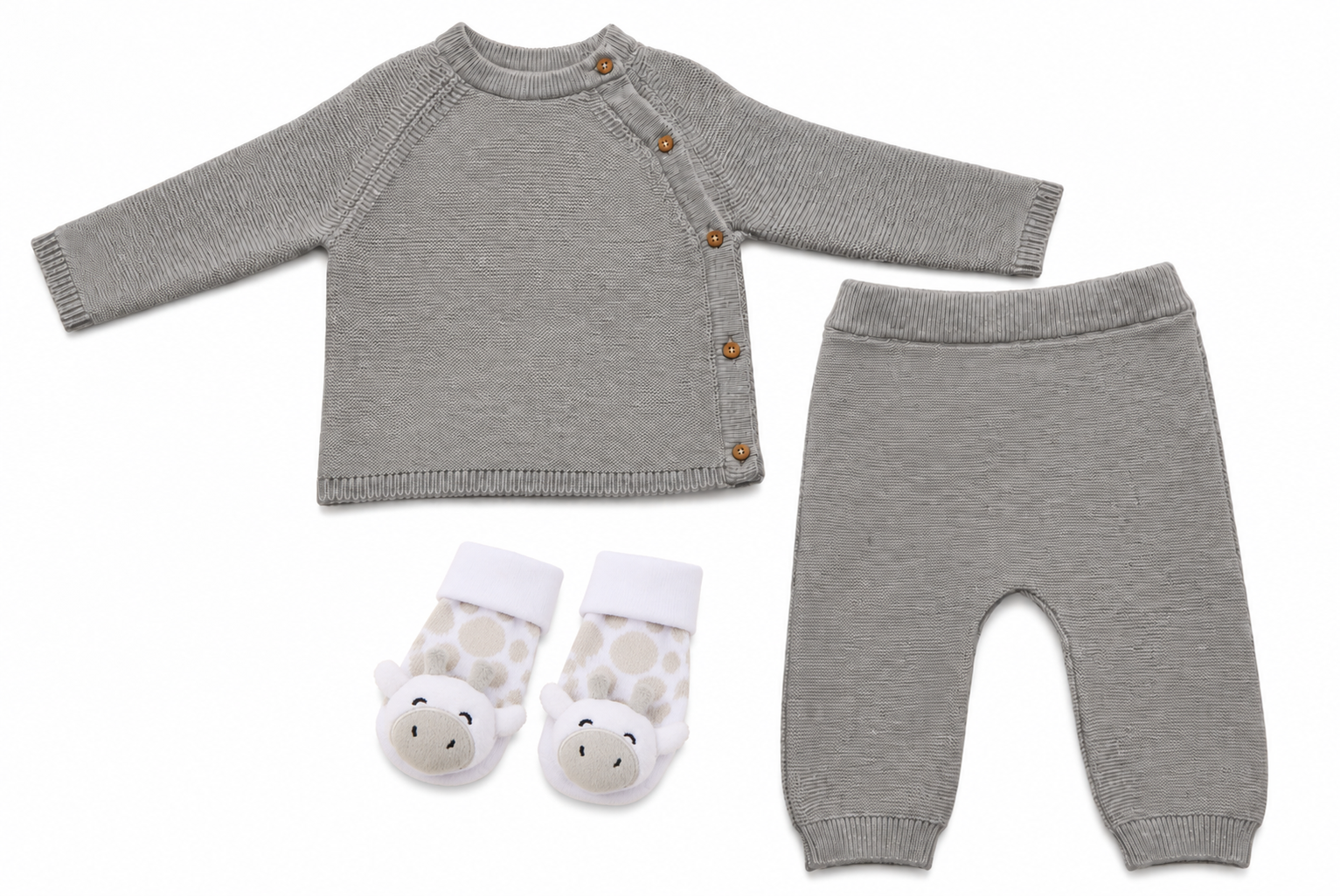 Bubbachubs Grey Knitted Sweater, Leggings And Giraffe Socks With Rattle Gift Set 0-9 Months