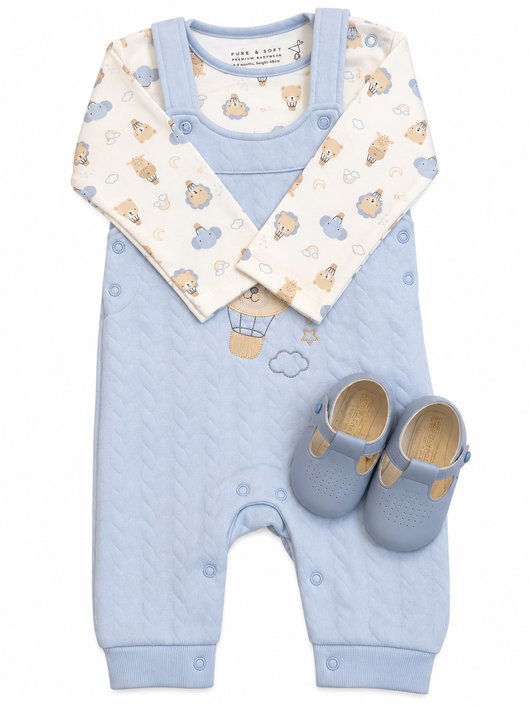 Baby Boys Quilted Dungarees,Top & Soft Soled Shoes Gift Set 6-9 Months