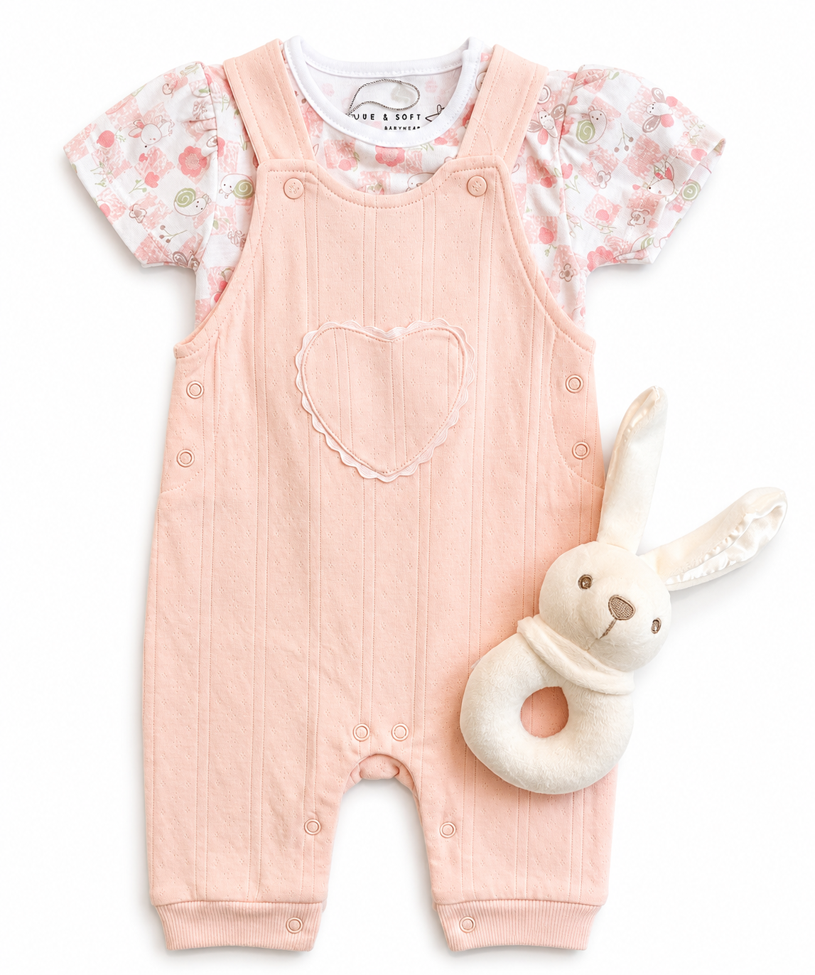 Bubbachubs Baby Girl Dungaree Gift Set with Bunny Rattle