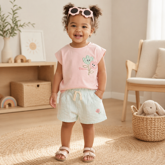Girls Summer Flower T-Shirt, Shorts & Sunglasses Outfit 2-4 Years