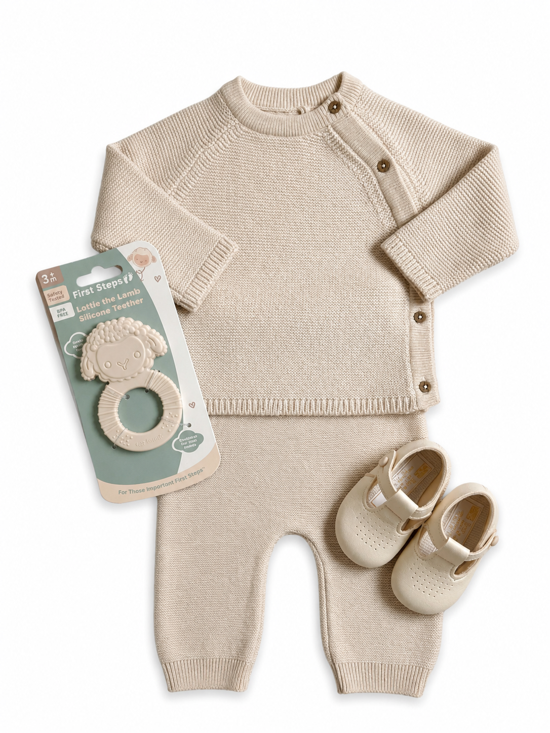 Bubbachubs Baby Knitted Top & Leggings Gift Set with Soft Sole Shoes & Teether – 3–6 Months