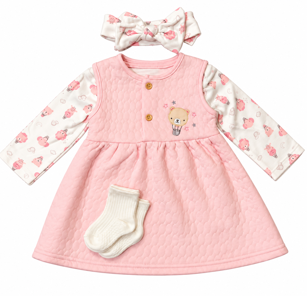 Bubbachubs Baby Girls Quilted Dress, Headband And Sock Set 3-6 Months