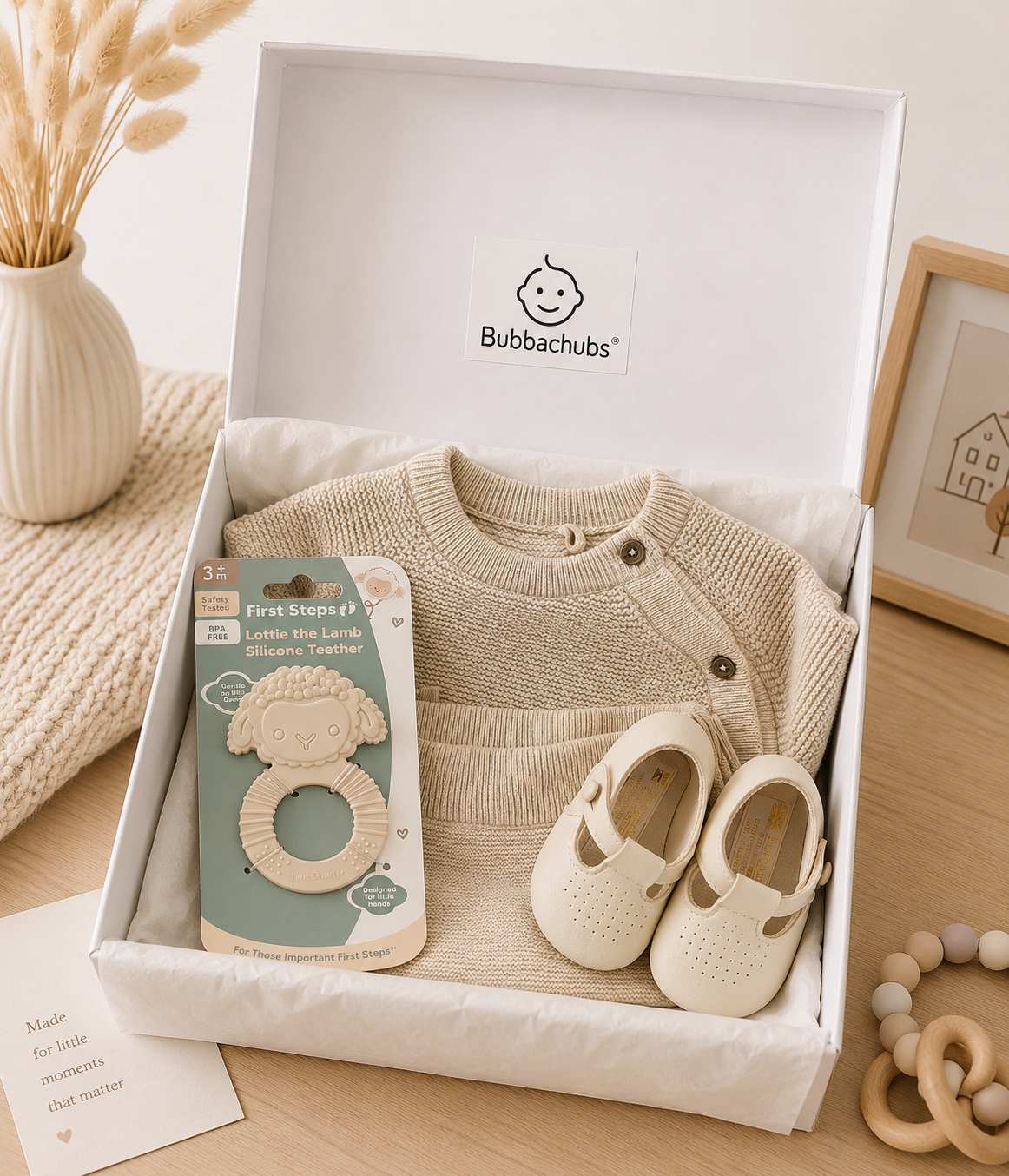 Bubbachubs Baby Knitted Top & Leggings Gift Set with Soft Sole Shoes & Teether – 3–6 Months
