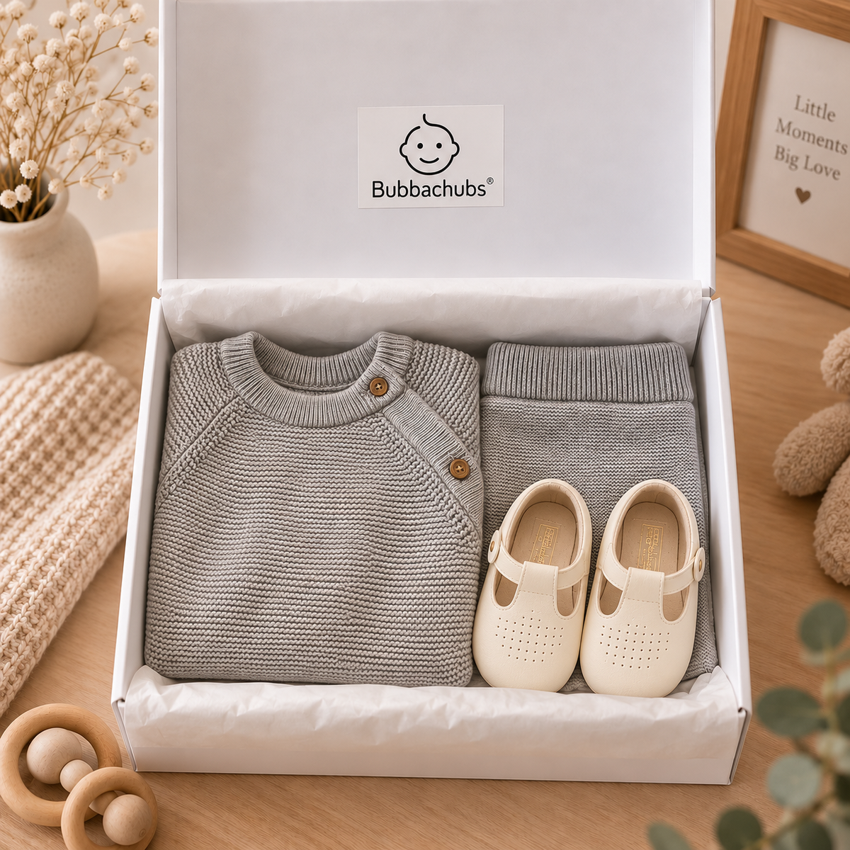 Bubbachubs Grey Knitted Two Piece Outfit With Cream Soft Soled Shoes Gift Set 3-6 Months