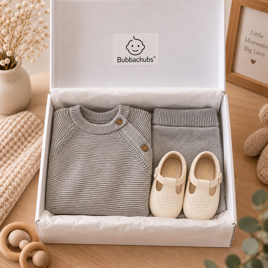 Bubbachubs Grey Knitted Two Piece Outfit With Cream Soft Soled Shoes Gift Set 3-6 Months