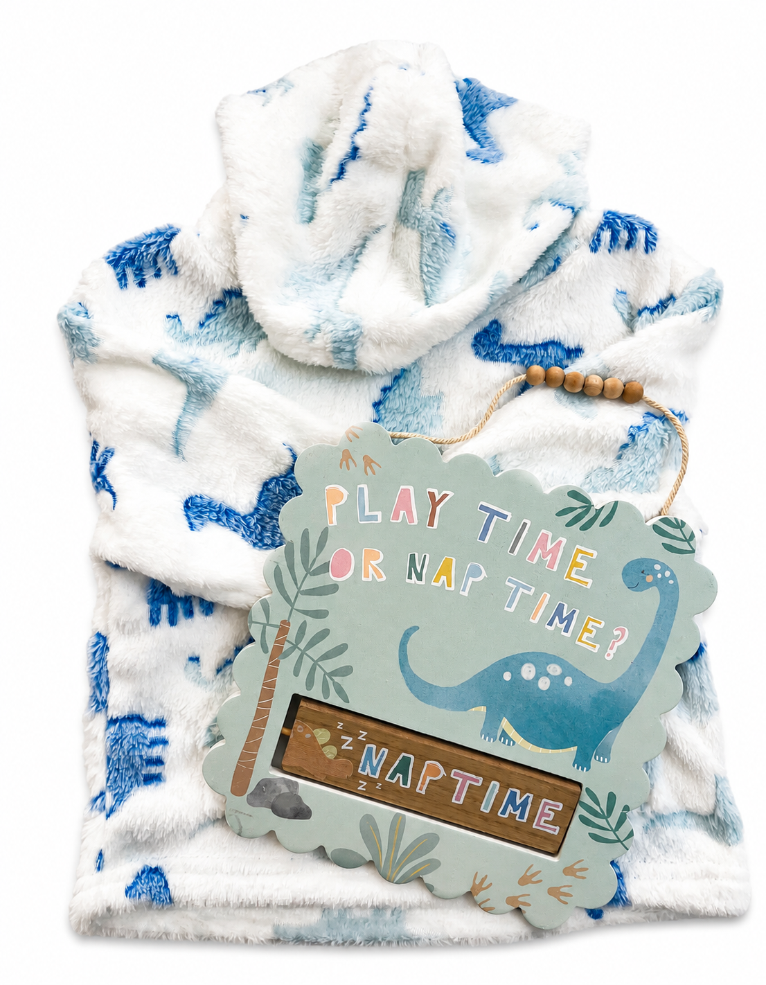Bubbachubs Baby Boys Dinosaur Hooded Fleece & Playtime/Naptime Bedroom Plaque Gift Set