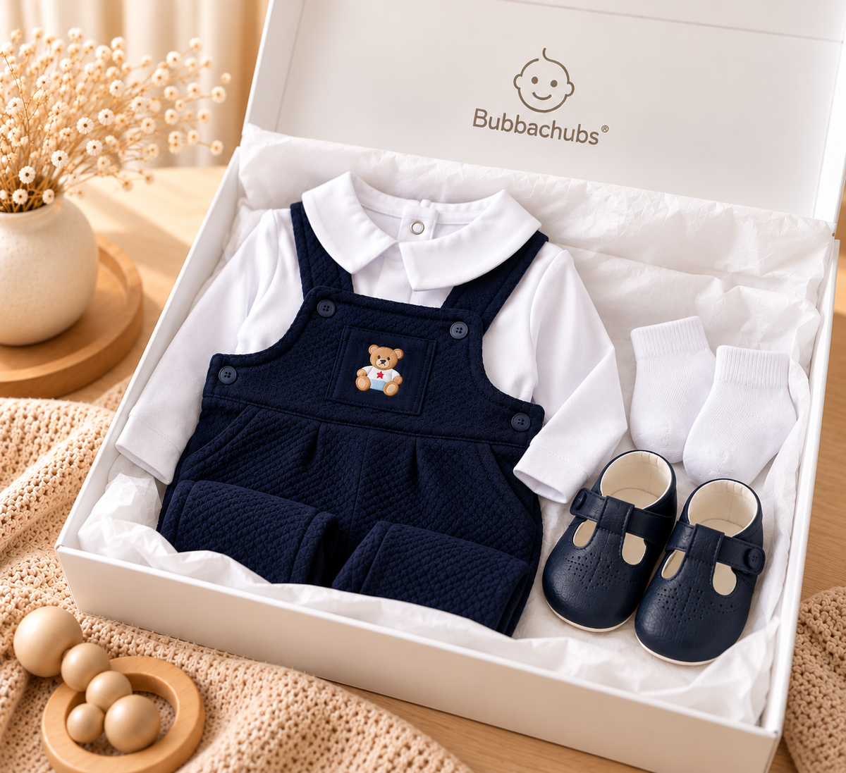 Baby Boys Bear Motif Quilted Dungaree, Top, Socks And Navy Blue Soft Sole Shoes (NB-6 Months)