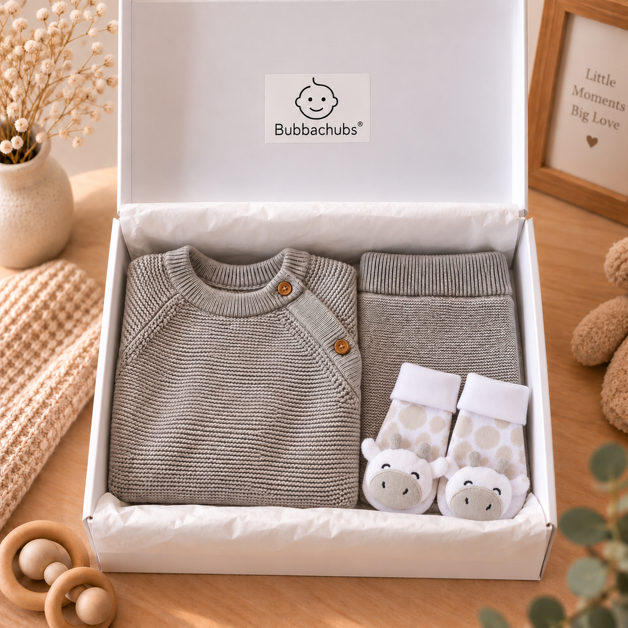 Bubbachubs Grey Knitted Sweater, Leggings And Giraffe Socks With Rattle Gift Set 0-9 Months
