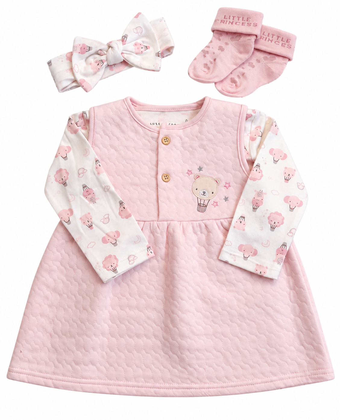 Bubbachubs Baby Girls Quilted Dress, Headband And Sock Set