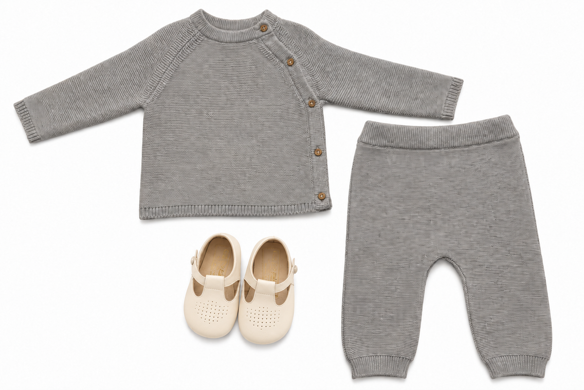 Bubbachubs Grey Knitted Two Piece Outfit With Cream Soft Soled Shoes Gift Set 3-6 Months