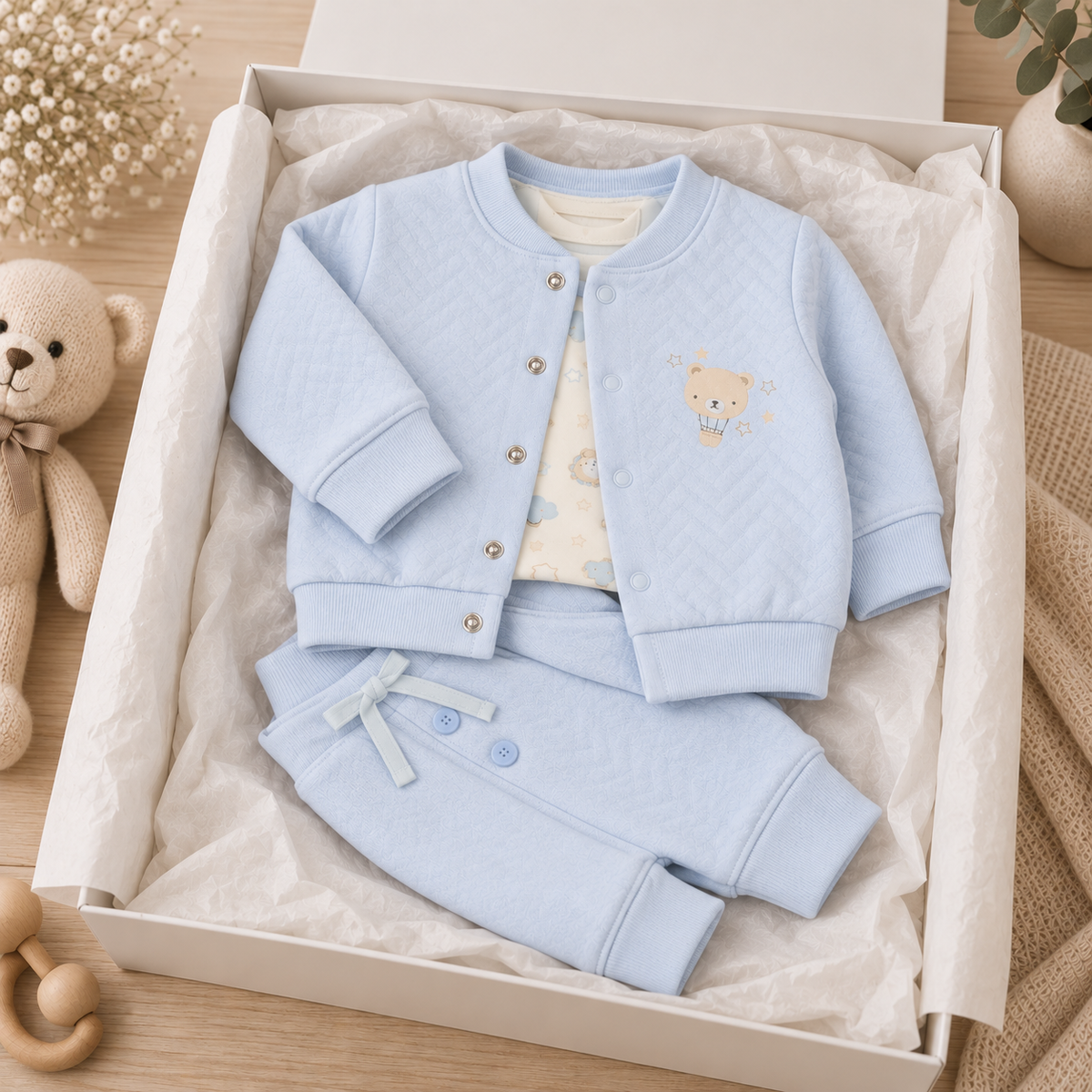 Bubbachubs Baby Boys Quilted 3-Piece Outfit Gift Set 0–9 Months