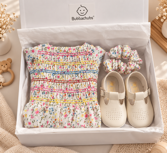 Bubbachubs Girls Smock Dress, Headband And Shoes Gift Set 2 Years