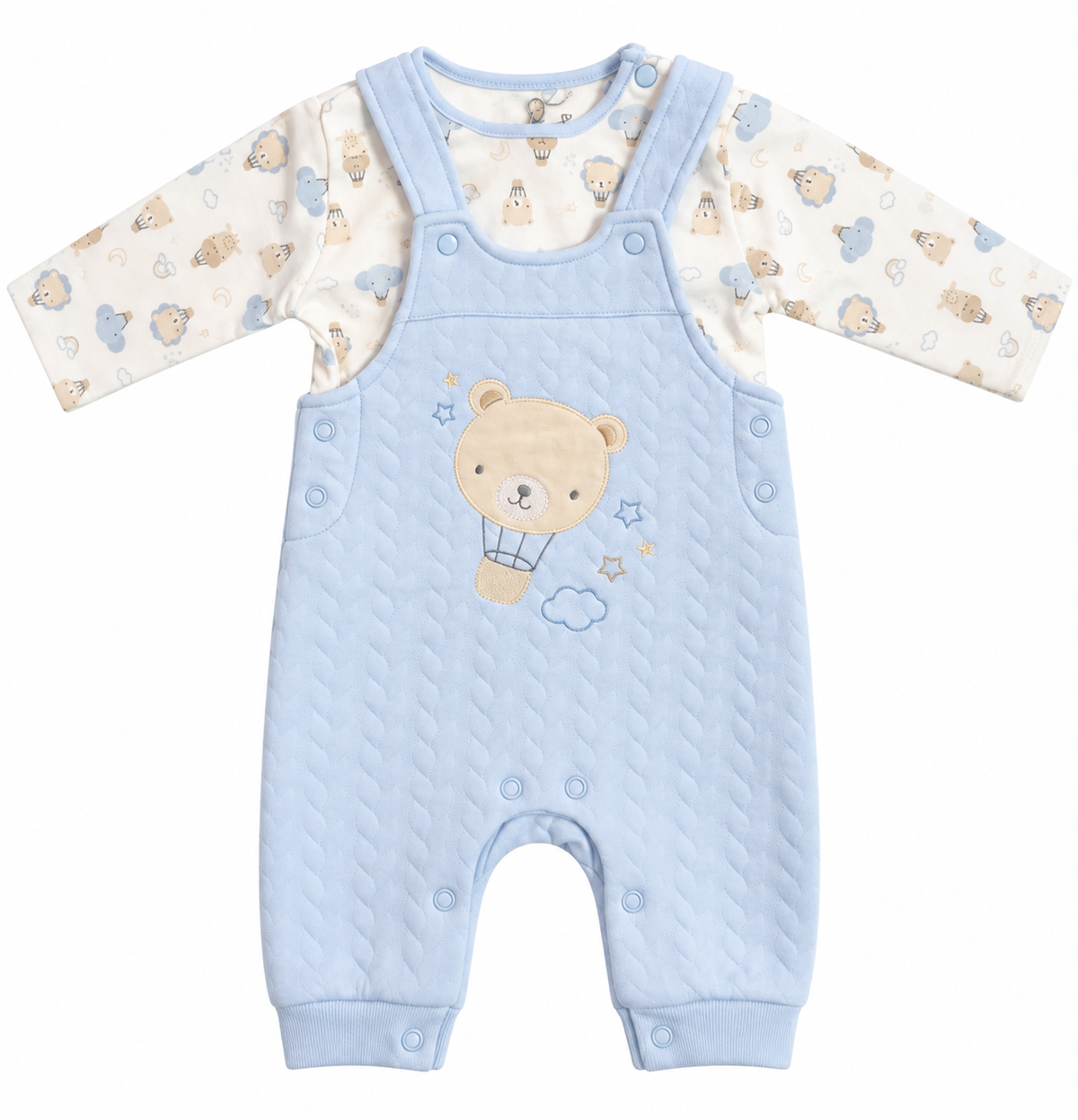 Baby Boys Quilted Dungarees, Matching Top And Cream Soft Soled Shoes Gift Set