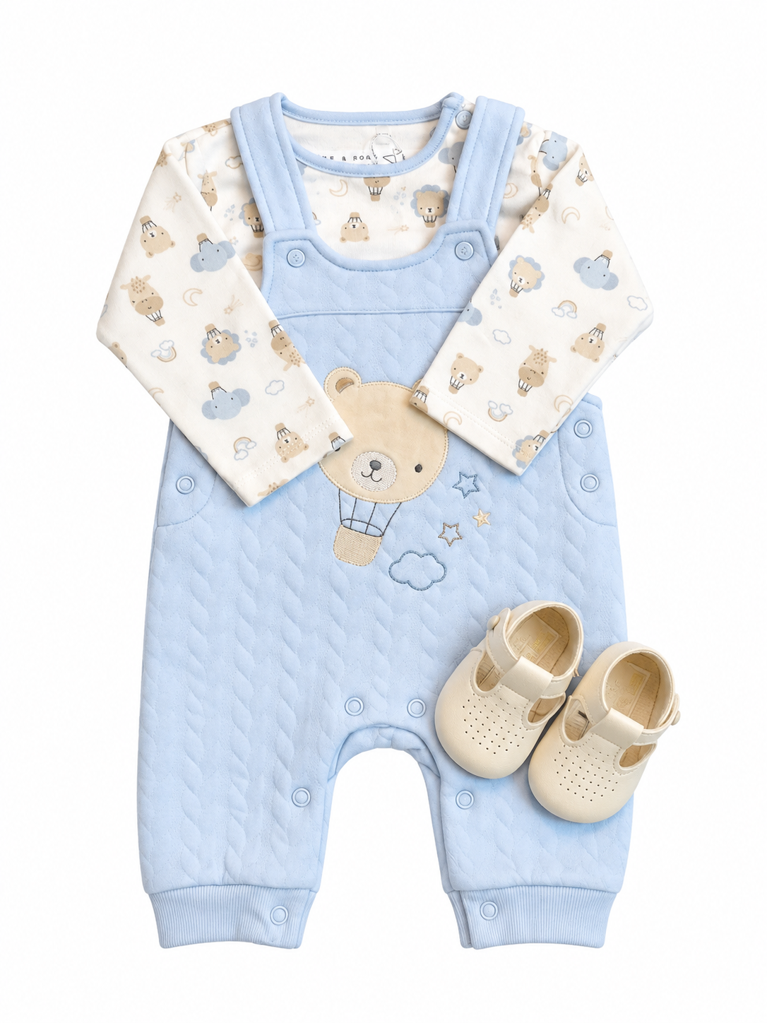 Baby Boys Quilted Dungarees, Matching Top And Cream Soft Soled Shoes Gift Set
