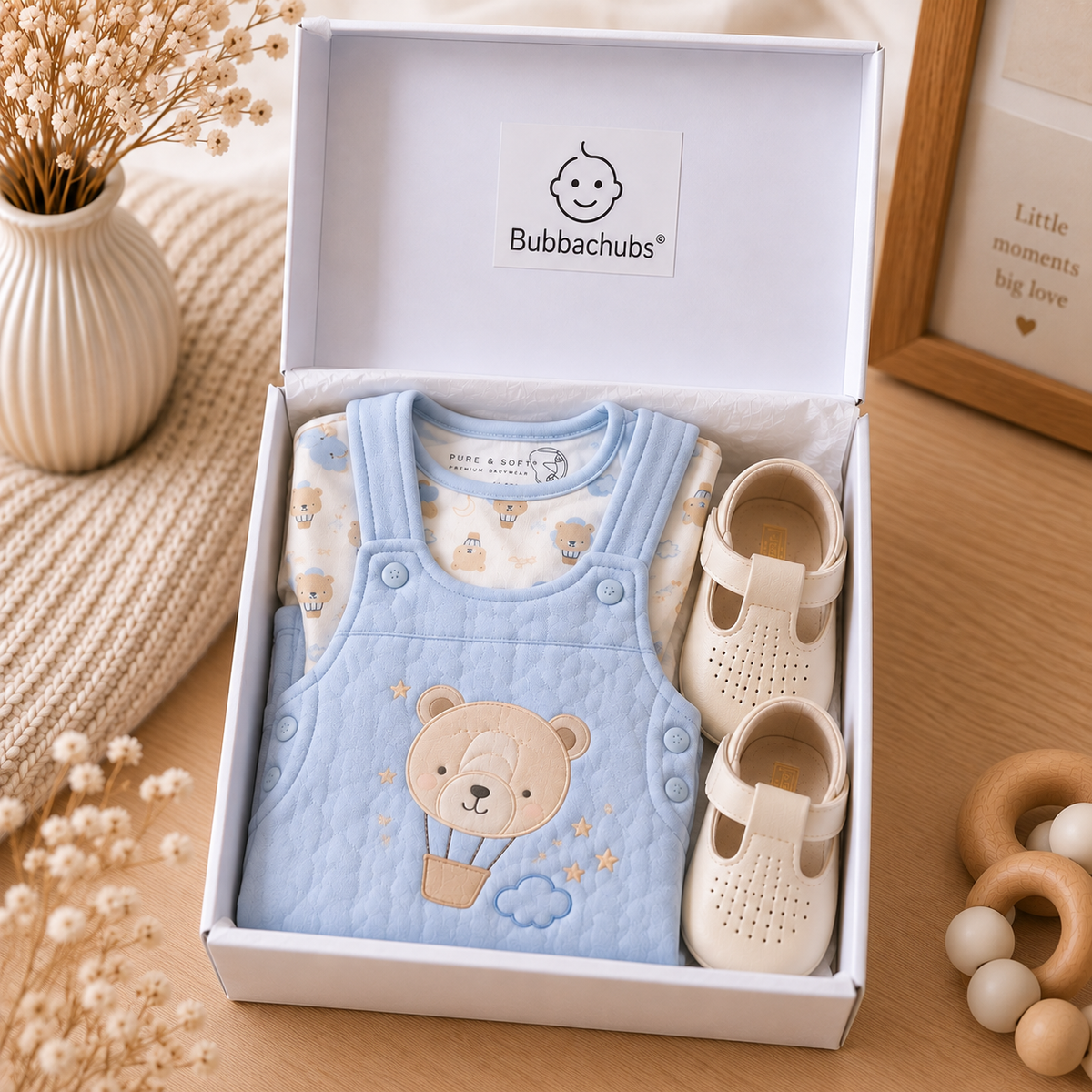 Baby Boys Quilted Dungarees, Matching Top And Cream Soft Soled Shoes Gift Set