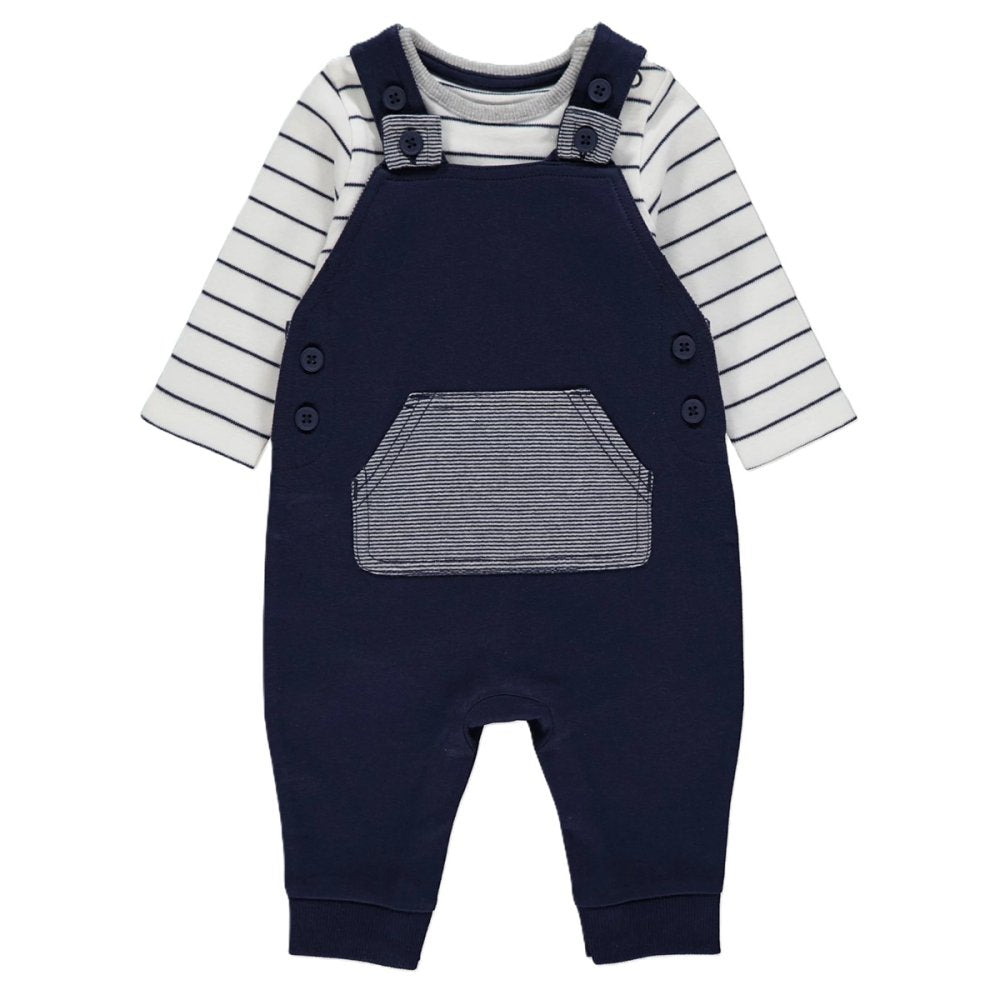 Baby Boys Navy Dungaree & Stripe Bodysuit Outfit 0-18 Months