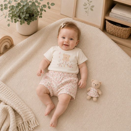 Baby Girls Floral Bear T-Shirt, Shorts & Plush Toy Set 0-9 Months