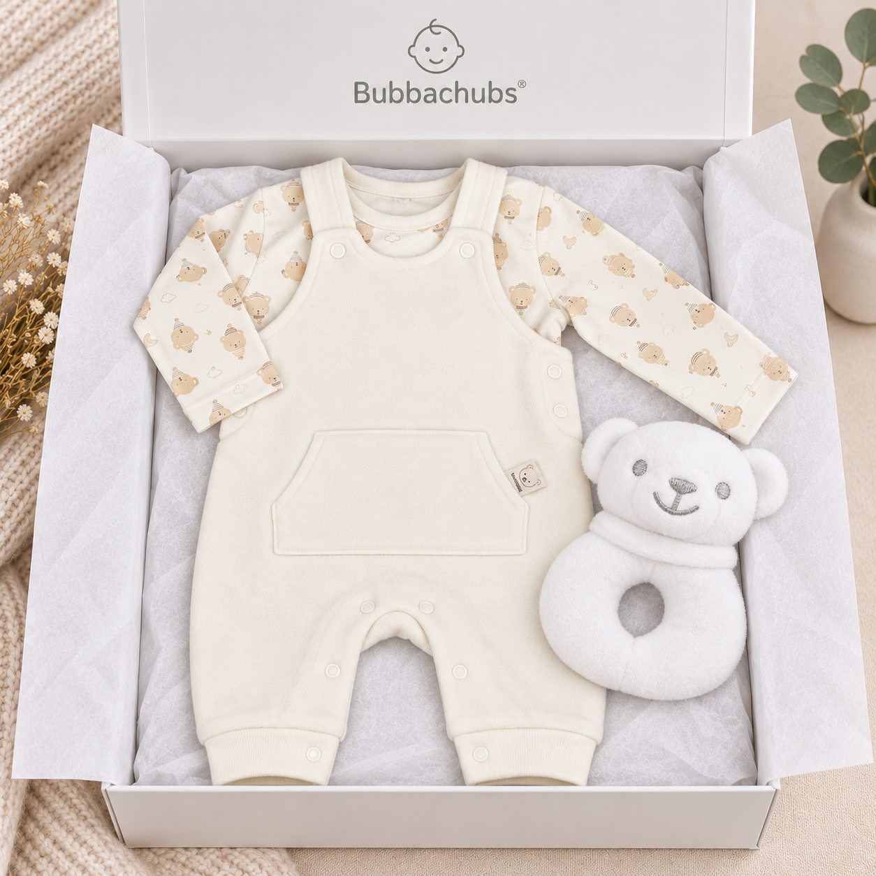 Baby Unisex Dungaree Gift Set with Bear Rattle 0–9 Months