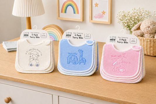 Pack Of 5 Baby Terry Bibs (Suitable From Birth)