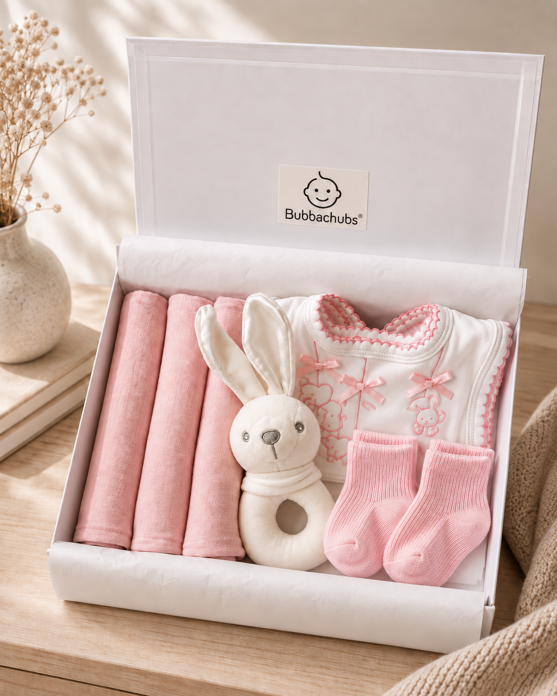 Bubbachubs Baby Girls Newborn Gift Box with Muslins, Bibs, Rattle & Socks 0-3 Months