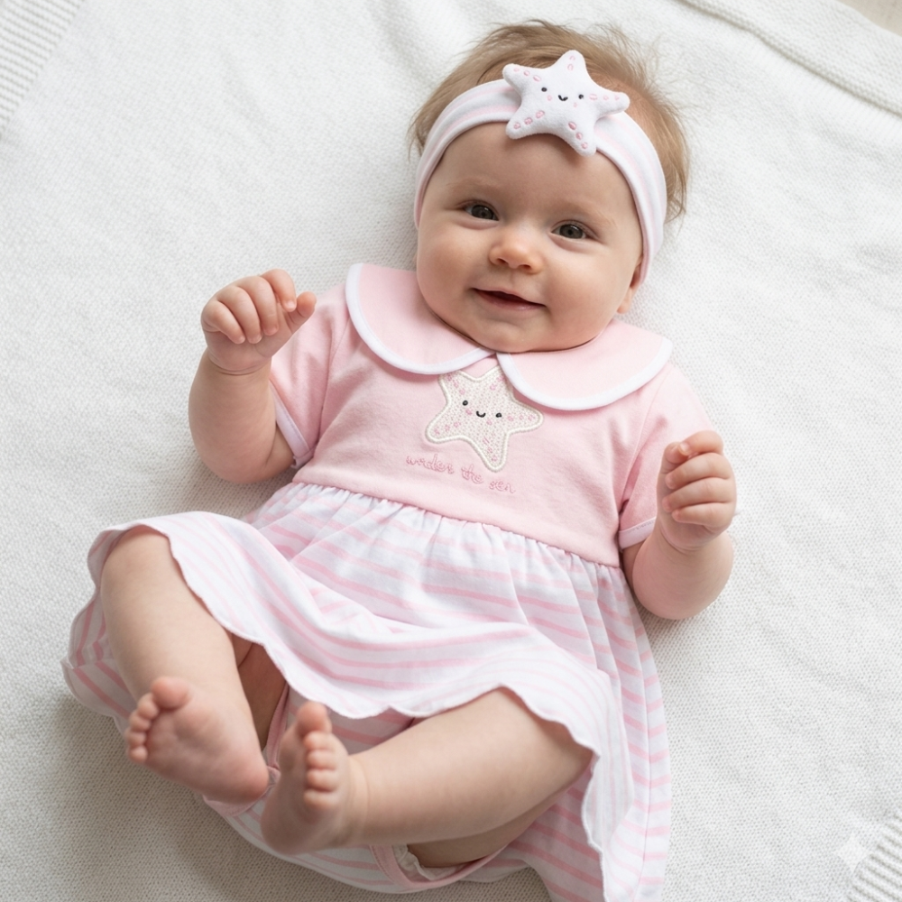 Baby Girl Dress With Crochet Applique & Headband Outfit 0-9 Months