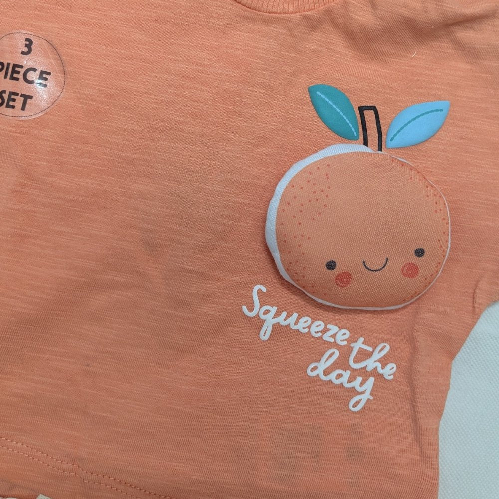 Baby Girl 3D Peach Applique T-Shirt, Shorts & Bucket Hat Outfit 9-24 Months
