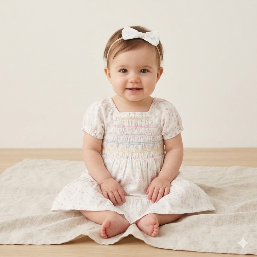 Baby Girls Smocked Dress With Headband 12-24 Months