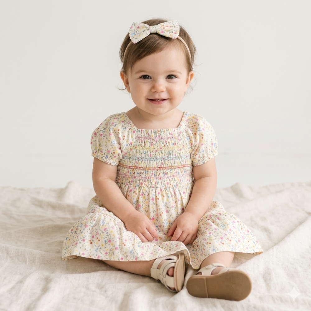 Baby Girls Smocked Dress With Headband 12-24 Months