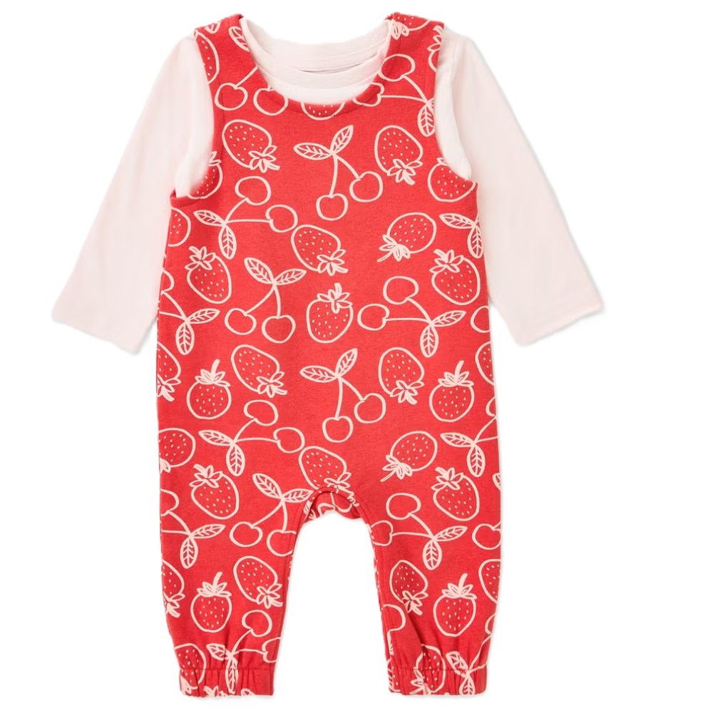 Baby Girl Red Strawberry Print Dungaree & Top Outfit 0-23 Months